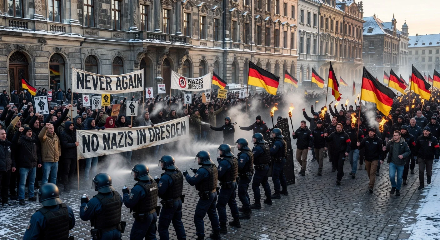 Police separate counter-protesters from right-wing extremists during Dresden march anniversary, amid minor scuffles.