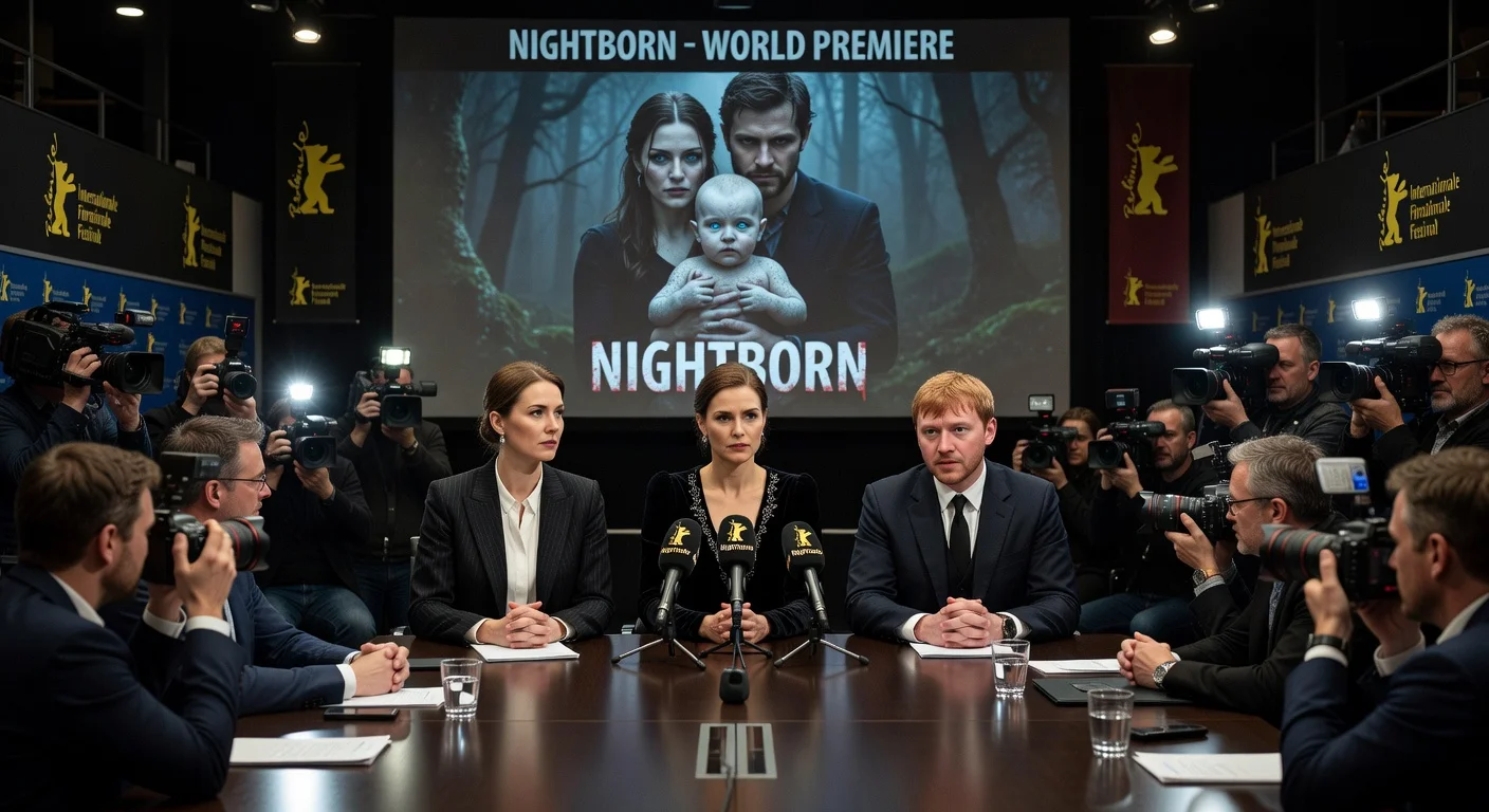 Actors Seidi Haarla and Rupert Grint with director Hanna Bergholm at the Nightborn press conference during Berlinale premiere, discussing politics amid horror film poster.