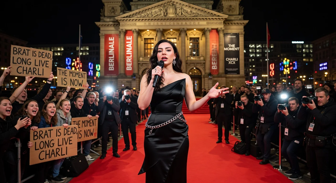 Charli XCX on the red carpet at Berlin Film Festival, premiering 'The Moment' amid cheering fans and flashing cameras.