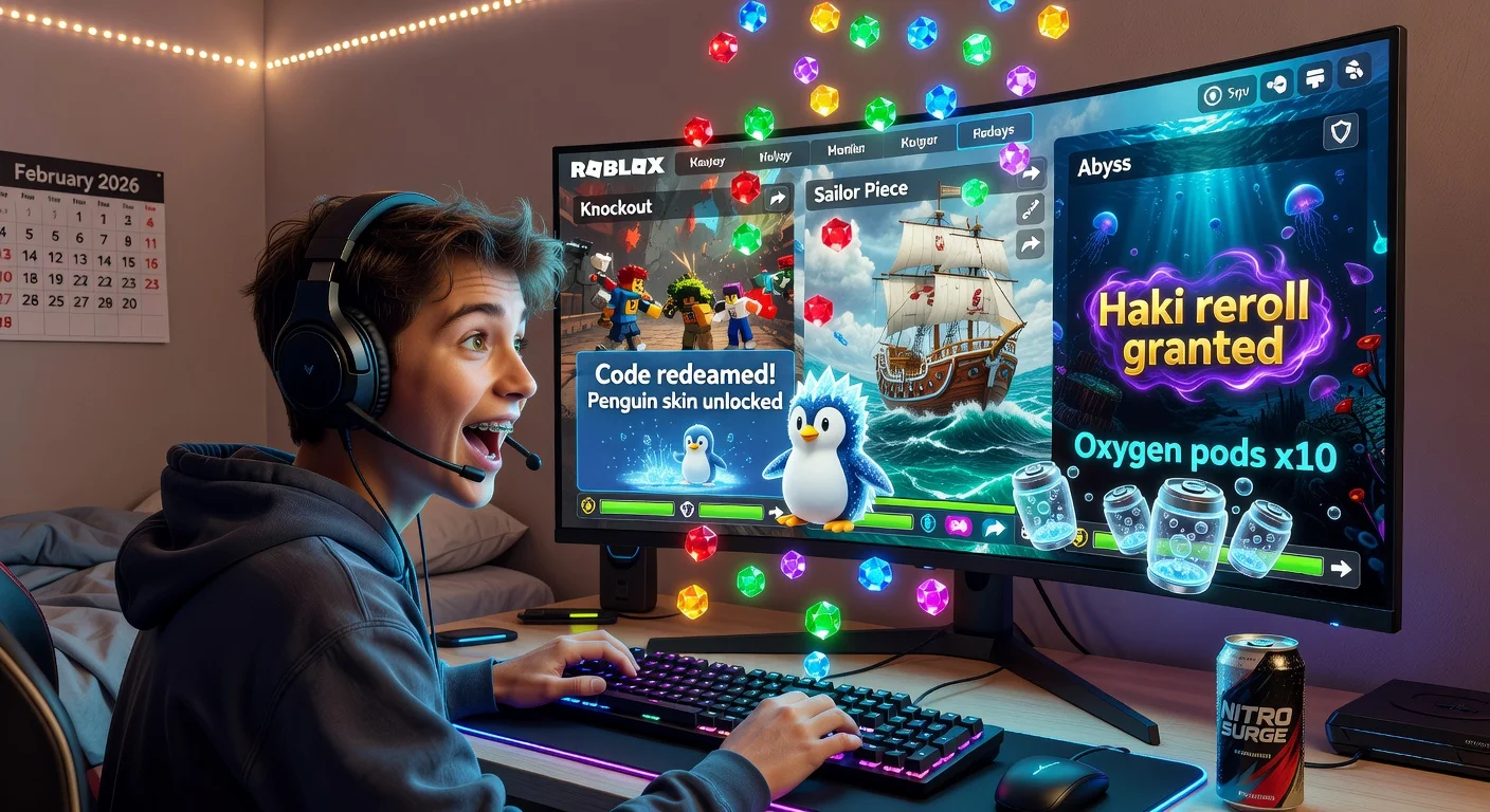 Gamer redeeming active Roblox codes for free rewards like penguin skins and boosts in February 2026 games Knockout, Sailor Piece, and Abyss.