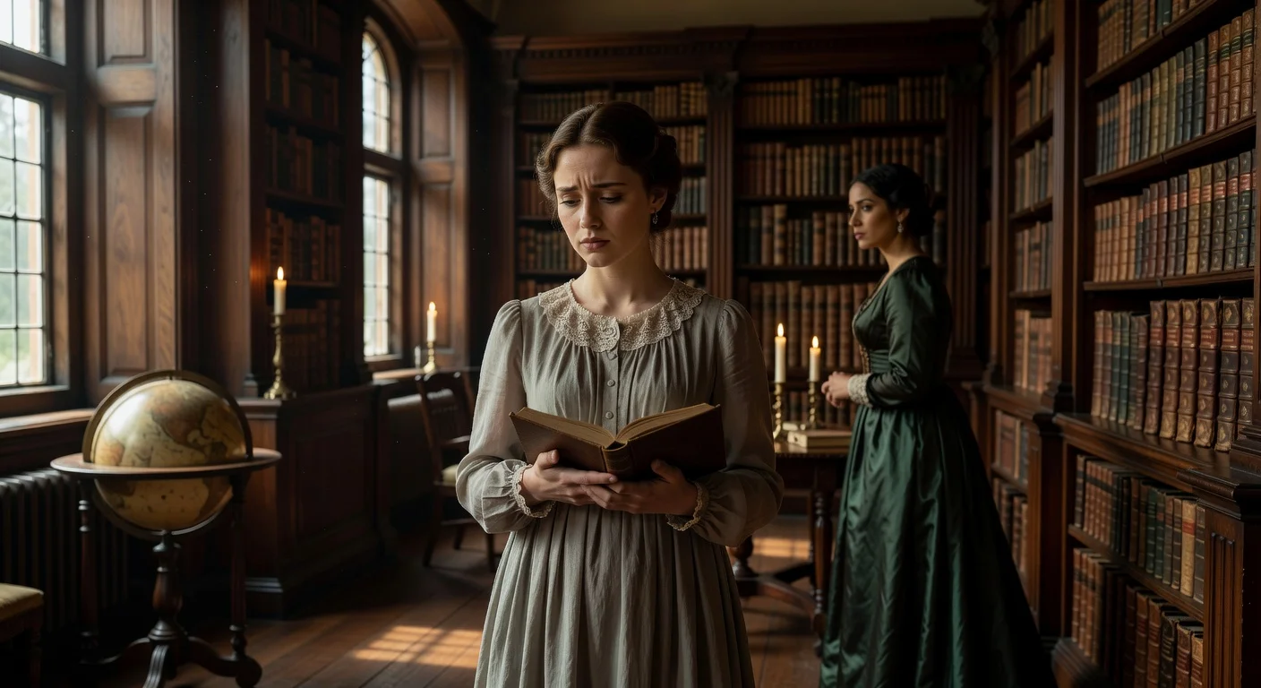 Promotional still from BBC's 'The Other Bennet Sister' featuring Ella Bruccoleri as Mary Bennet in a Regency library.