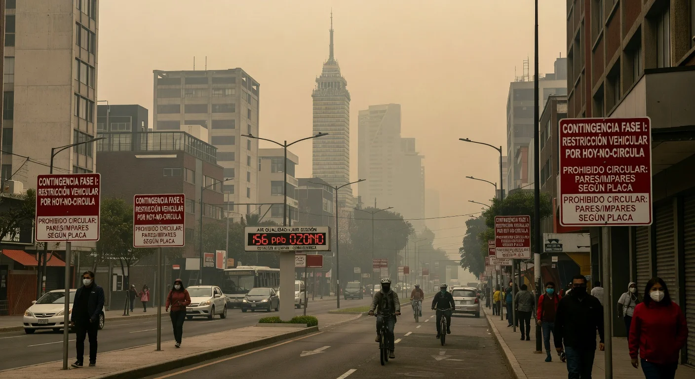 Mexico City skyline shrouded in ozone smog amid Phase I air contingency, showing vehicle restrictions and air quality monitor.
