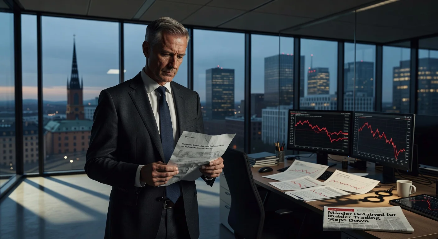 Swedish executive Günther Mårder resigning from boards after insider trading detention, realistic news illustration.
