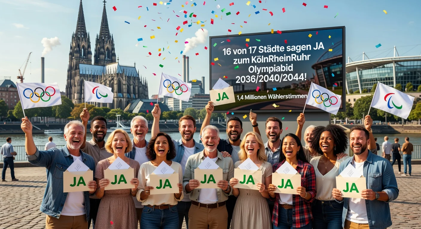Citizens of North Rhine-Westphalia celebrate majority mail-vote approval for KölnRheinRuhr's Olympic bid in 16 of 17 cities.