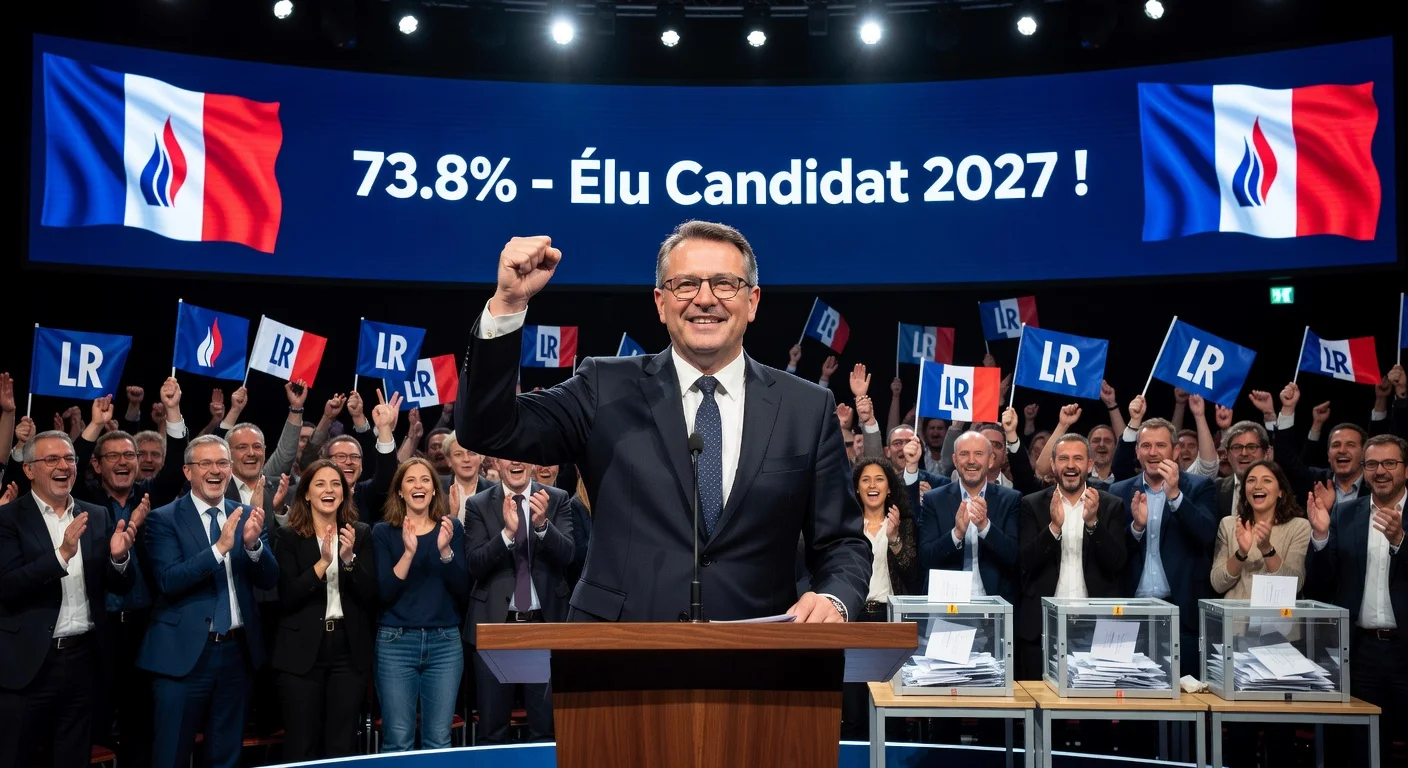 Bruno Retailleau celebrates his primary win as Les Républicains' 2027 presidential candidate, with 73.8% of votes.