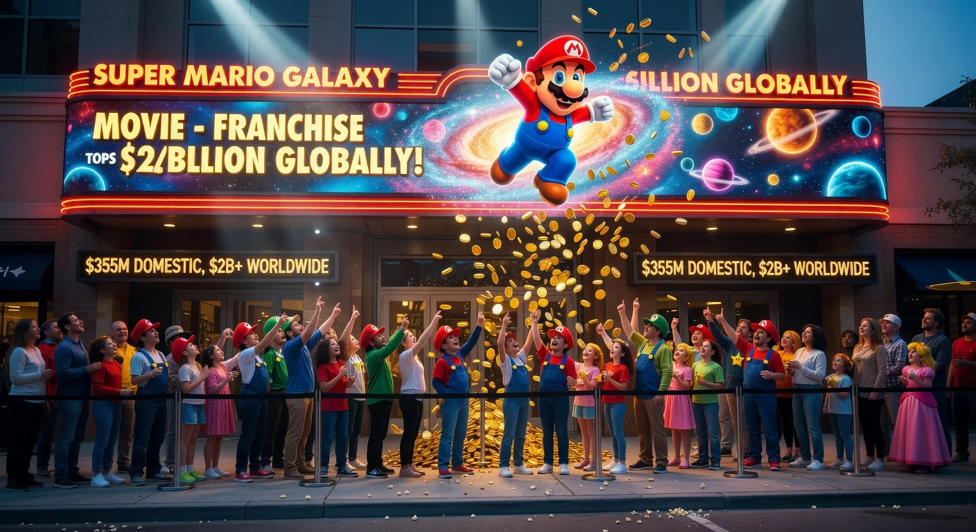 Super Mario Galaxy Movie theater marquee celebrating $2 billion franchise box office milestone with crowds and cosmic visuals.