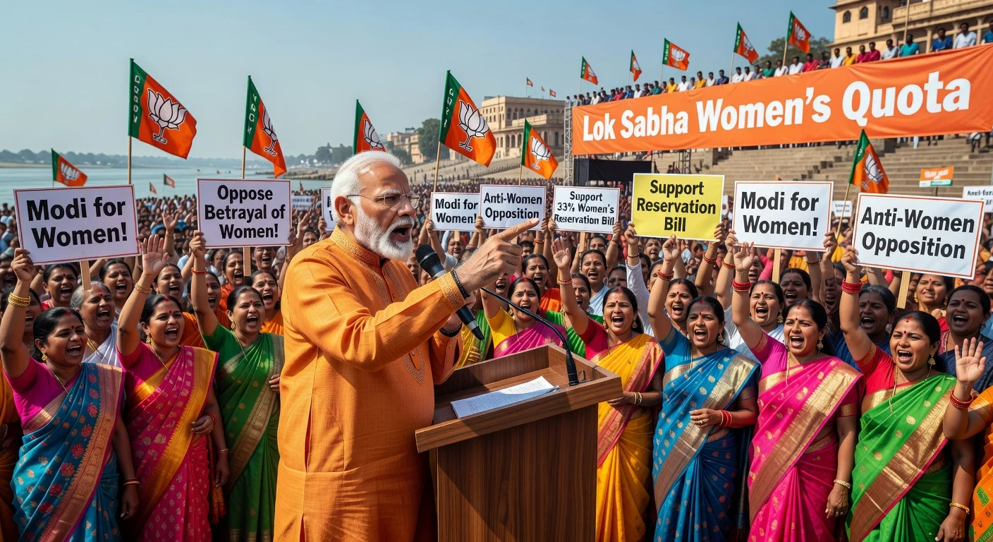 PM Modi rallies supportive women in Varanasi, accusing opposition of betraying women after Lok Sabha rejects 33% quota bill.