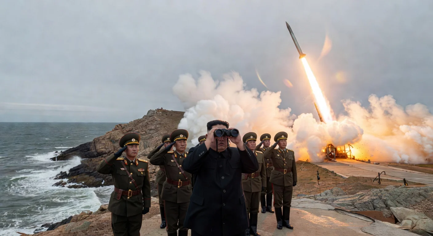 Kim Jong-un observes Hwasong-11 Ra missile launch from North Korean coastal site toward East Sea.