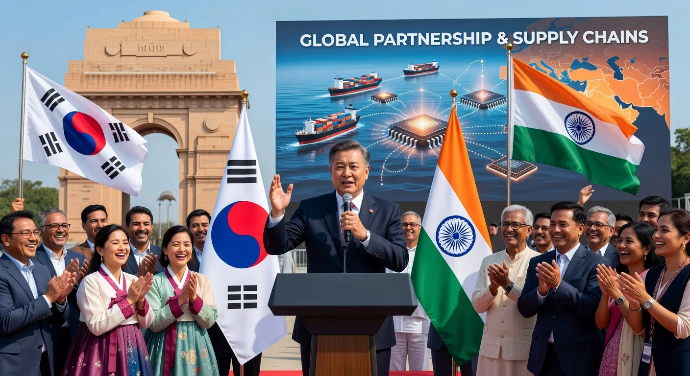 President Lee Jae-myung vows stronger Korea-India ties in speech to expats in New Delhi amid supply chain concerns.