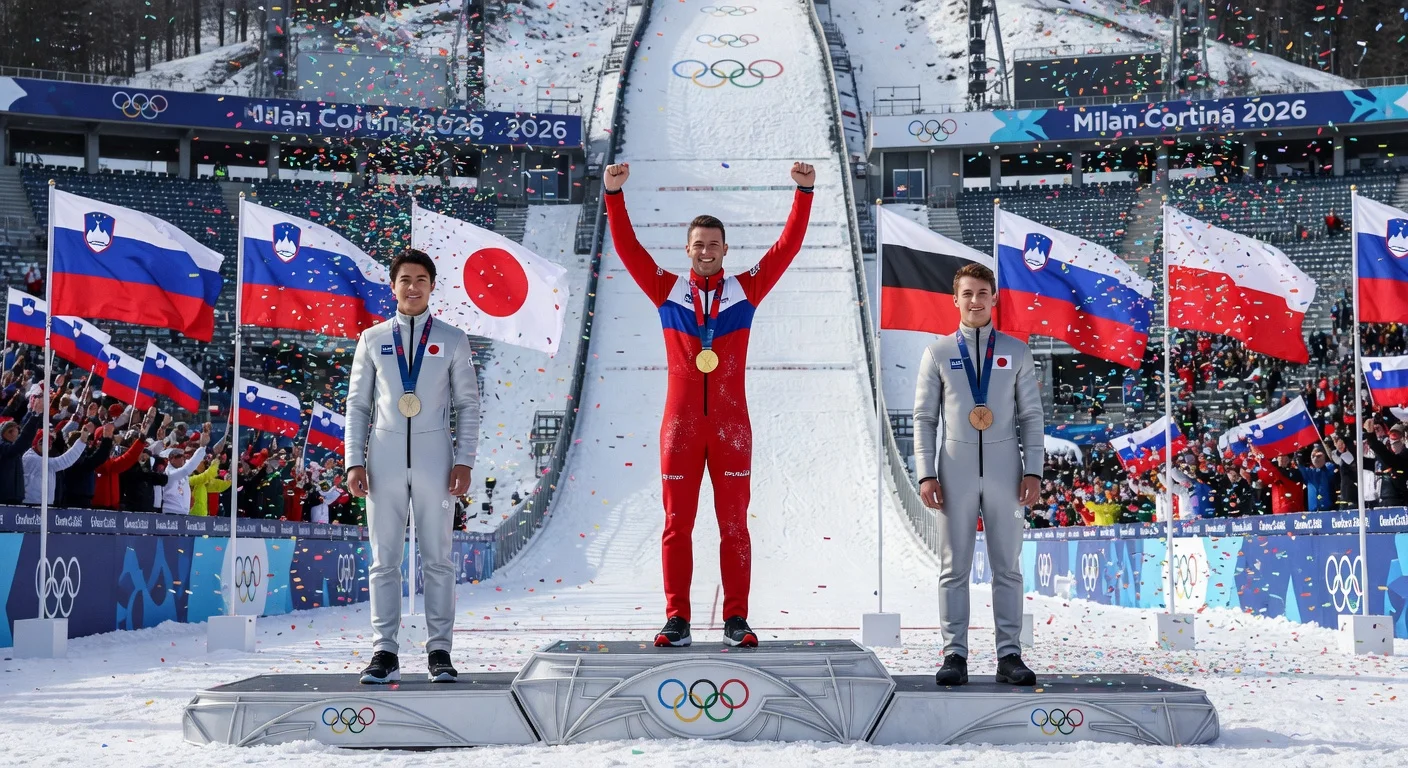 Slovenia's Domen Prevc celebrates gold medal on ski jumping podium at 2026 Winter Olympics with Japan's Ren Nikaido (silver) and Poland's Kacper Tomasiak (bronze).