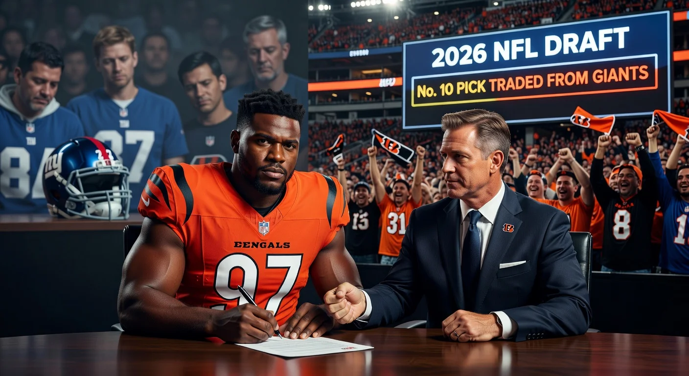 Dexter Lawrence in Bengals jersey signing trade deal from Giants for No. 10 draft pick.