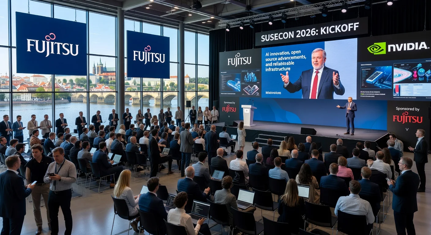 Conference hall at SUSECON 2026 in Prague with Fujitsu and NVIDIA sponsor banners on stage, engaged audience, tech demos, and Prague skyline view.