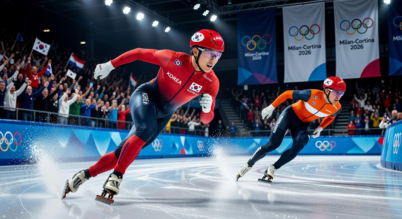 South Korea's Hwang Dae-heon celebrates silver medal finish in men's 1,500m short track speed skating at Milan-Cortina Winter Olympics.