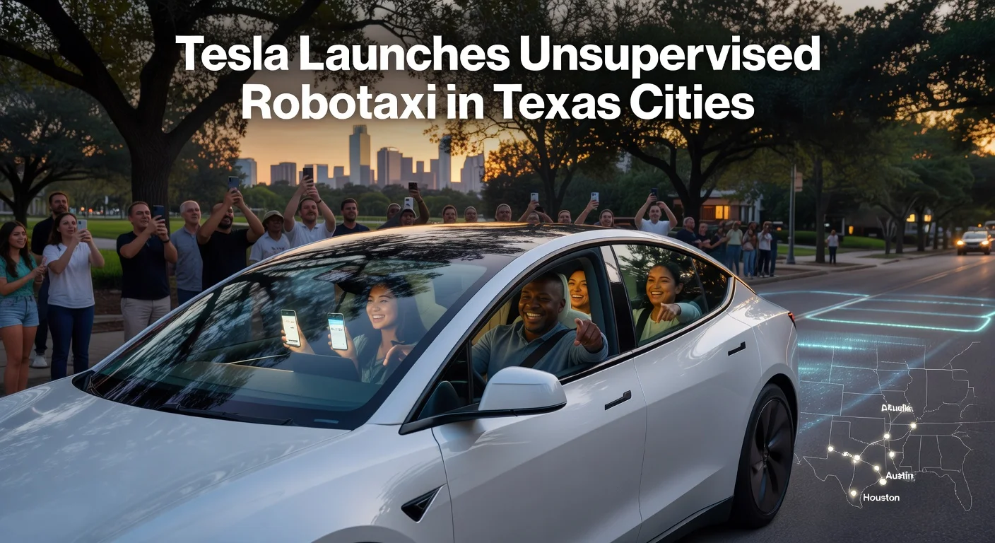 Illustration of Tesla's unsupervised Robotaxi driving riderless through Dallas streets during launch in Texas cities Austin, Dallas, and Houston.