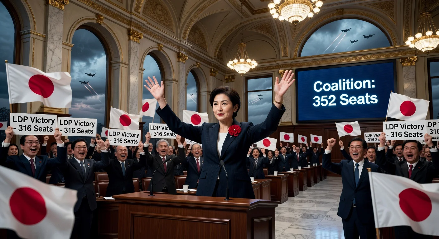 Japanese PM Sanae Takaichi celebrates ruling coalition's election win amid subtle militarism symbols.