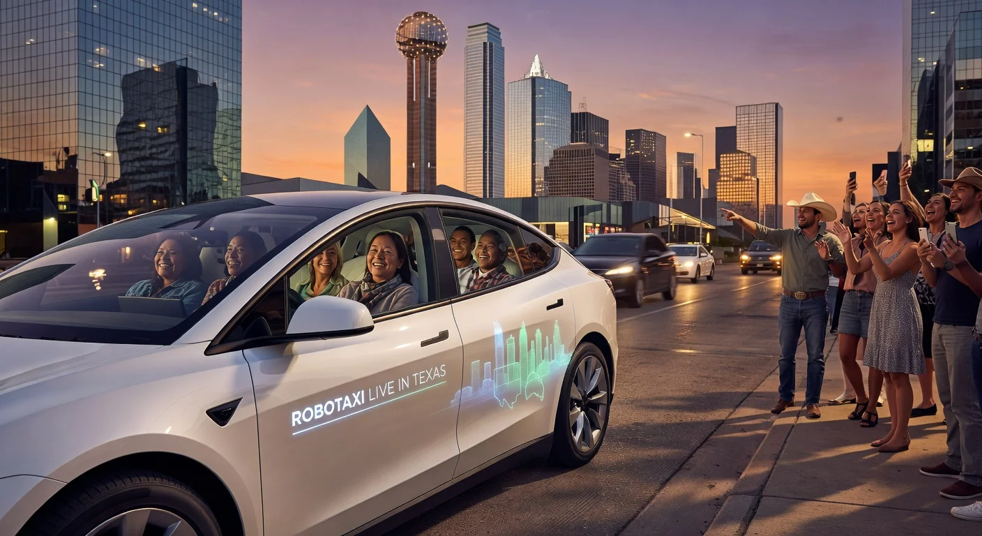 Tesla Robotaxi providing unsupervised autonomous rides on Dallas streets, with city skyline and onlookers.