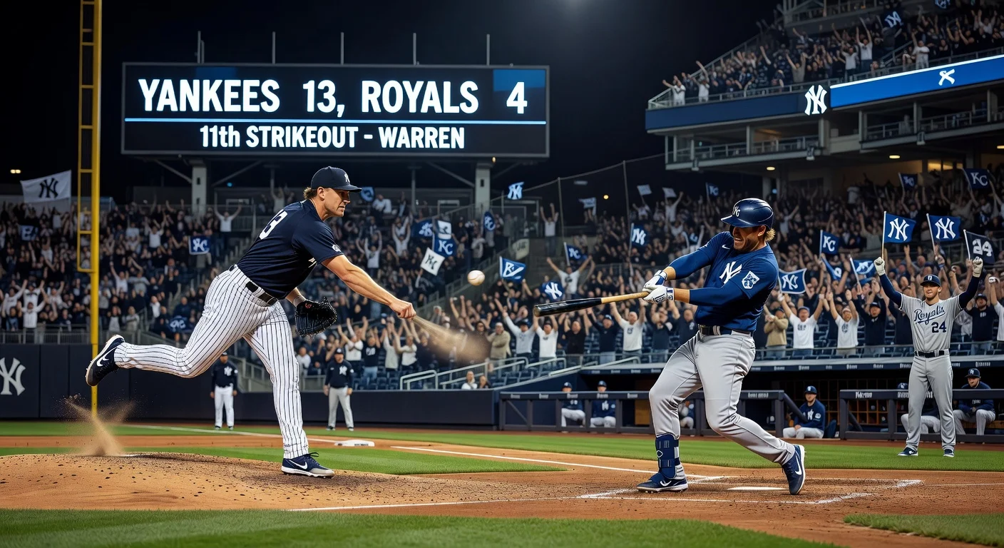 Dynamic photo illustration of Yankees pitcher Will Warren striking out a Royals batter in their 13-4 victory at Yankee Stadium, with scoreboard and celebrating crowd.