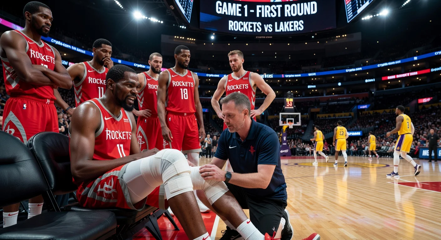 Kevin Durant of the Rockets on the bench with ice on injured knee ahead of Game 1 playoffs vs. Lakers.