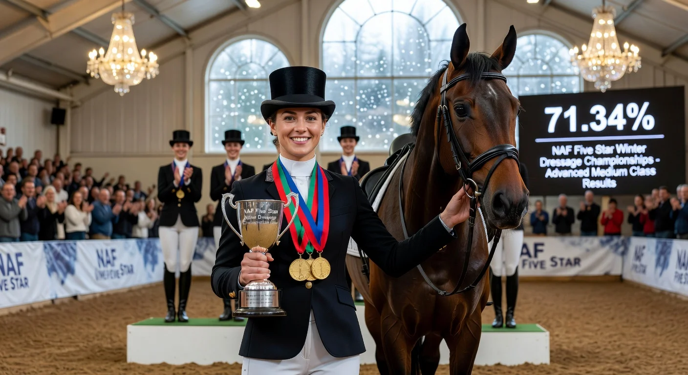 Sadie Smith with her horse Times Oddjob after winning three gold medals at the Winter Dressage Championships.