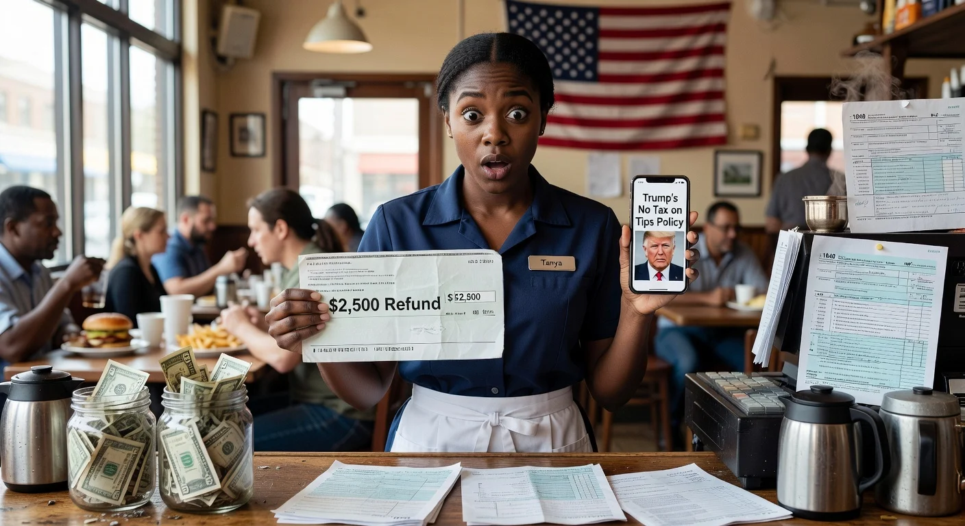 Waitress in D.C. diner surprised by larger tax refund upon learning of Trump's 'No Tax on Tips' policy.
