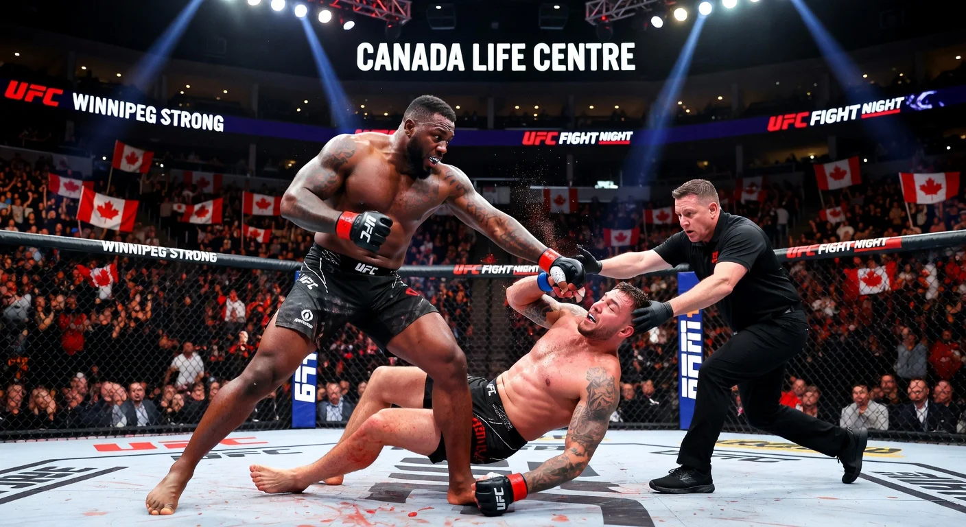 Dramatic illustration of a UFC prelim knockout at Winnipeg's Canada Life Centre, highlighting the event's early stoppages.