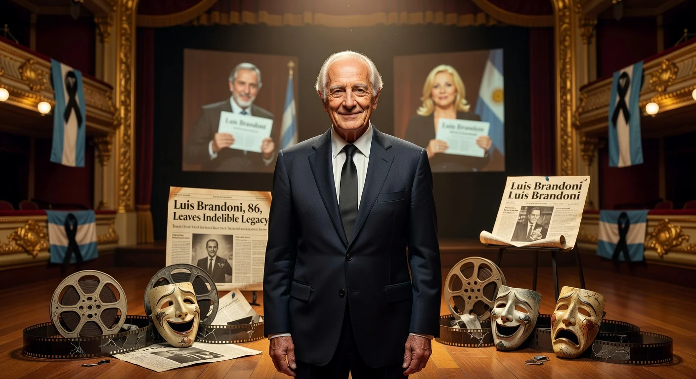 Portrait of Argentine actor Luis Brandoni on a theater stage, surrounded by symbols of his cinema and theater legacy, with tributes and mourning elements.