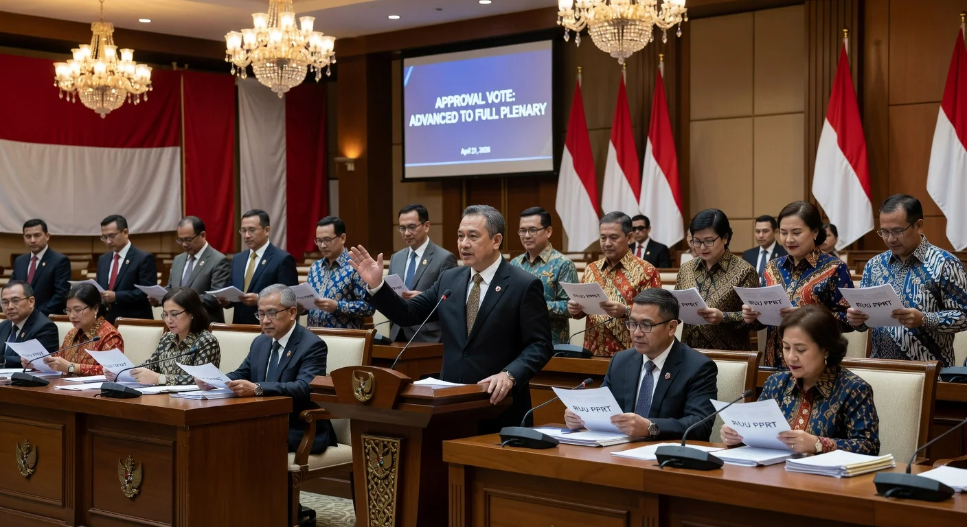 Indonesian lawmakers in DPR Baleg meeting led by Deputy Speaker Sufmi Dasco Ahmad, advancing the Domestic Workers Protection Bill to plenary session.