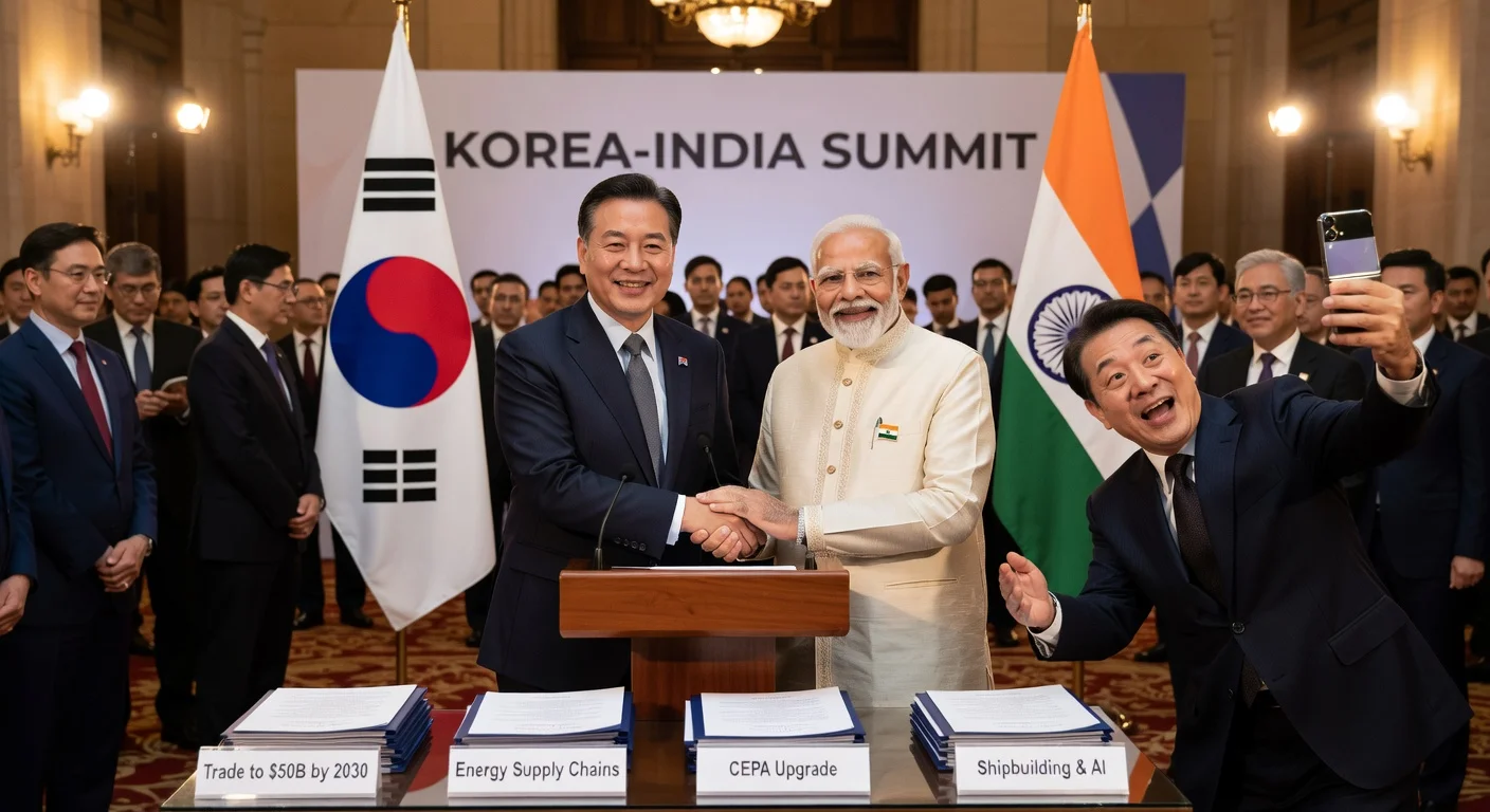 South Korean President Lee Jae-myung shakes hands with Indian PM Narendra Modi at New Delhi trade summit, Samsung chairman takes viral selfie.