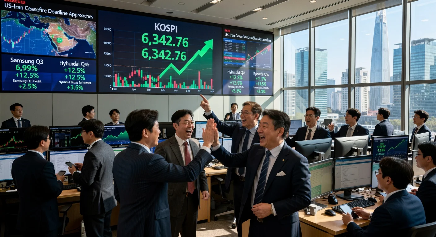 Seoul stocks surge at open ahead of US-Iran ceasefire deadline, traders celebrate KOSPI record rally.