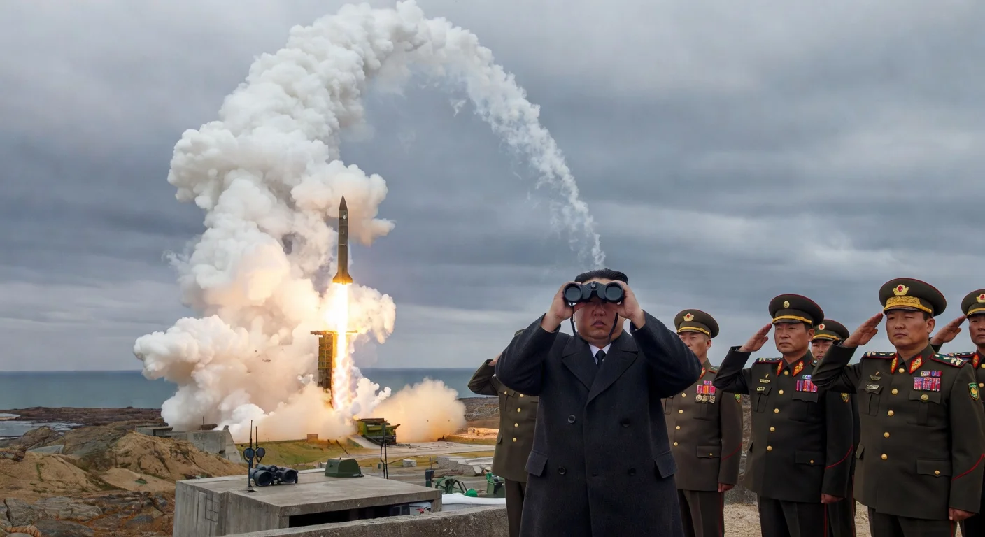 Kim Jong-un observes Hwasong-11 Ra missile launch from North Korean coastal site, realistic news image.