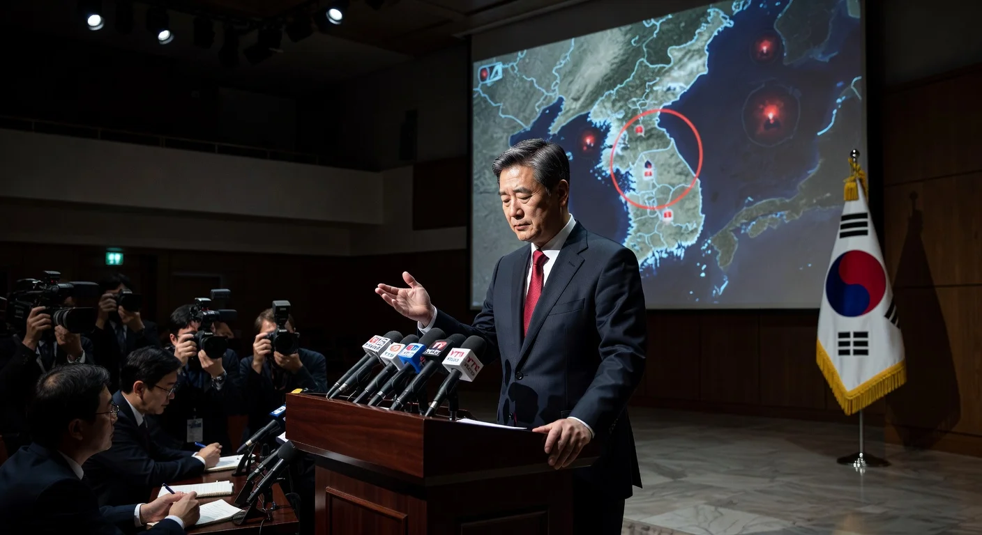 South Korean Unification Minister Chung Dong-young at podium, regretting North Korea Kusong nuclear leak mention amid US tensions.
