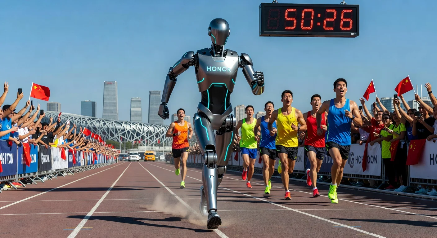 Honor Lightning humanoid robot crossing the Beijing half-marathon finish line first, clocking a record 50:26, ahead of human runners.