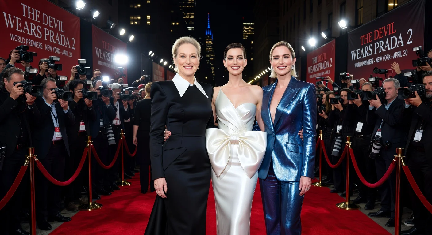 Meryl Streep, Anne Hathaway, and Emily Blunt in bold, iconic fashions on the red carpet at the Devil Wears Prada 2 New York premiere.