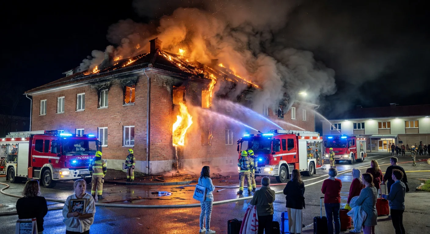 Firefighters battle apartment fire spreading to attic in Hjärup, with smoke rising and evacuated residents nearby.