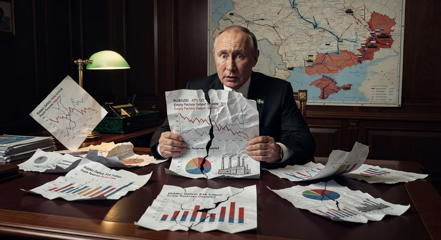 Illustration depicting Putin discovering Russia's concealed economic collapse amid Ukraine war, per Swedish spy chief.