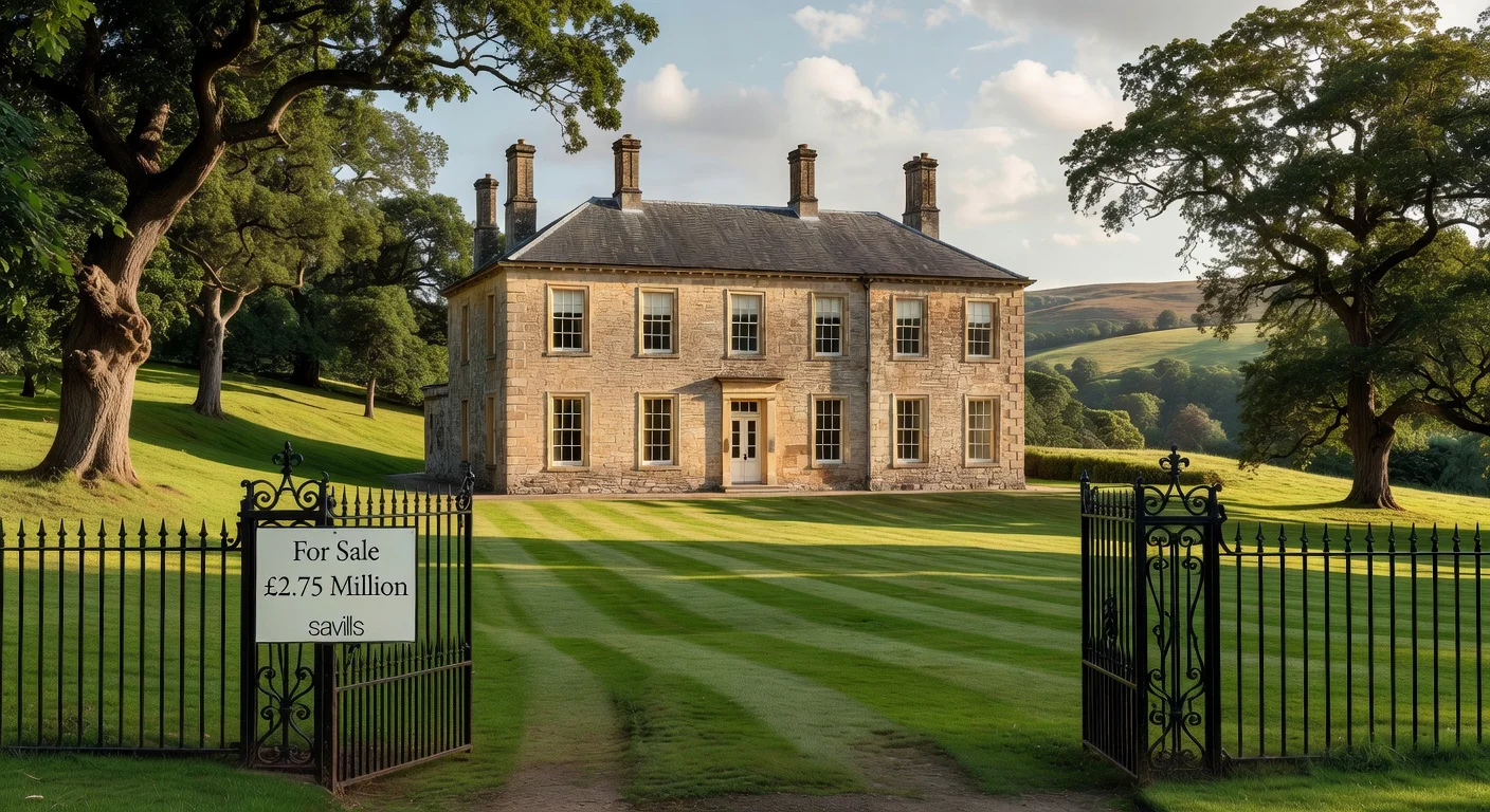 Photorealistic illustration of Halsdon House, Charlie Watts' former Devon estate, on the market for £2.75 million.