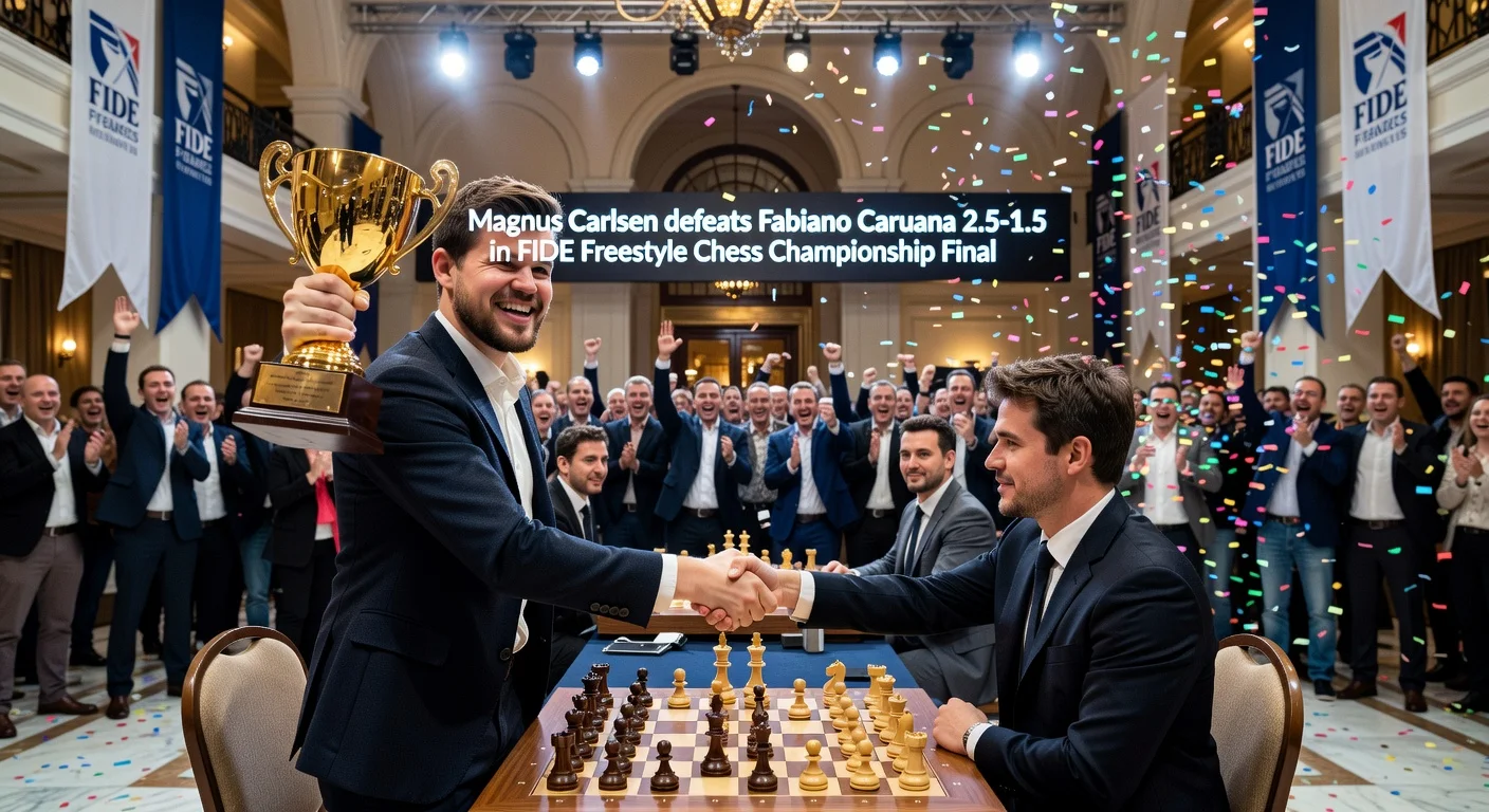 Magnus Carlsen celebrates 21st world title victory over Fabiano Caruana in FIDE Freestyle Chess Championship final at Weissenhaus, Germany.