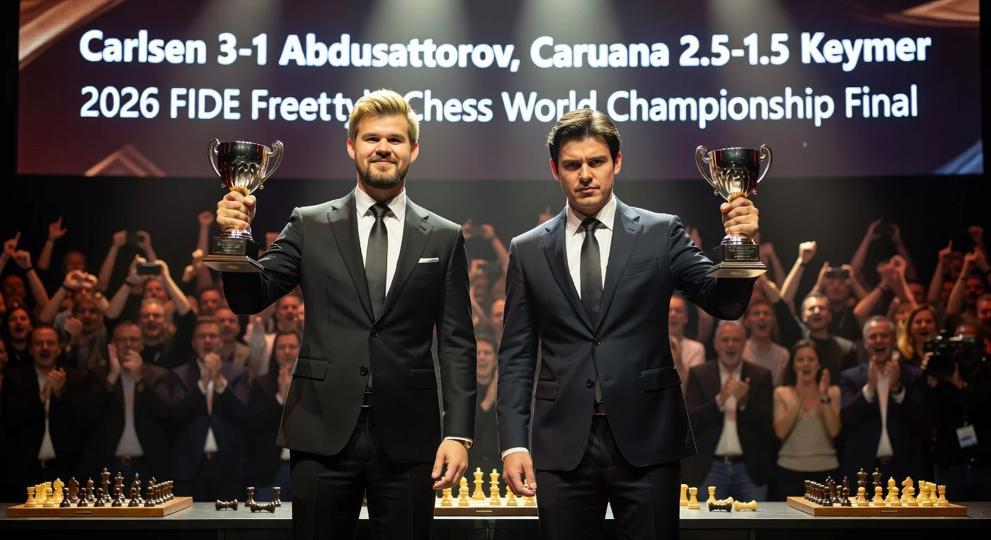 Magnus Carlsen and Fabiano Caruana celebrate advancing to the 2026 FIDE Freestyle Chess World Championship final after semifinal wins.