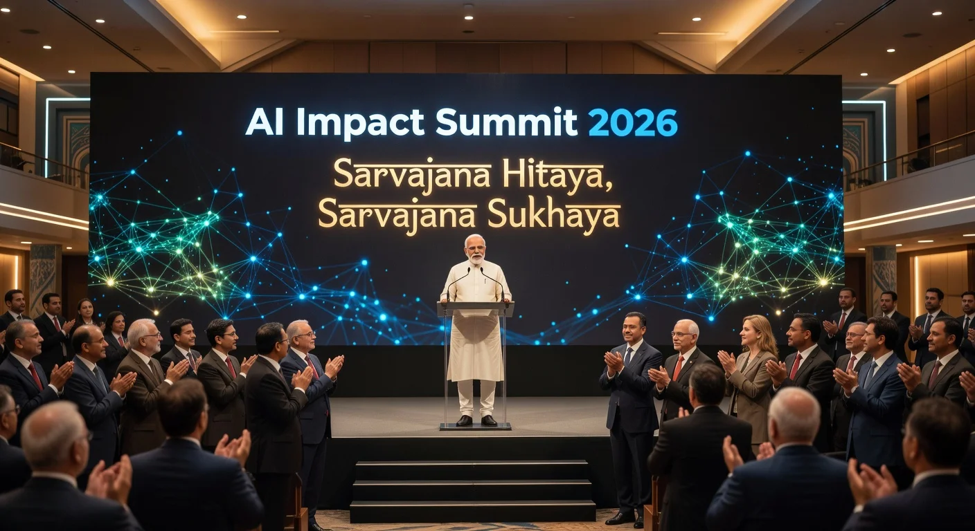 PM Narendra Modi inaugurating AI Impact Summit 2026 at Bharat Mandapam, with global leaders in attendance.