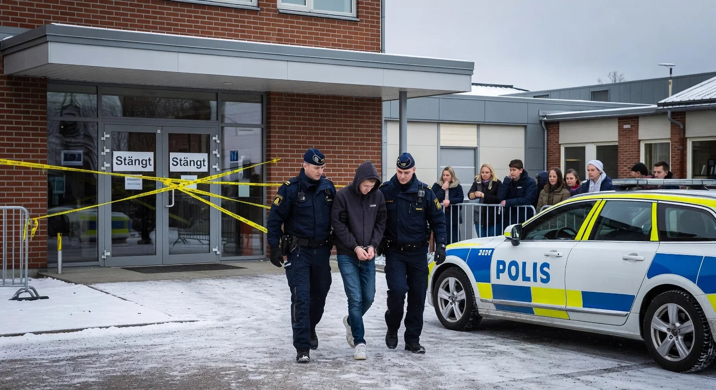 Police officers escorting a detained teenager away from a taped-off school entrance in Borlänge amid a resolved threat.