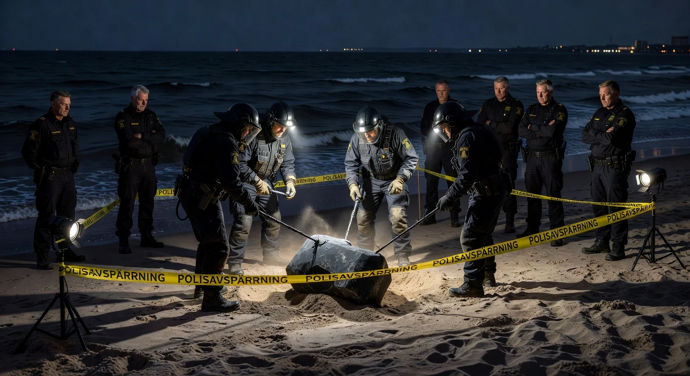 Police and bomb squad investigate suspected dangerous object on Ribersborg beach in Malmö at night, later declared harmless.