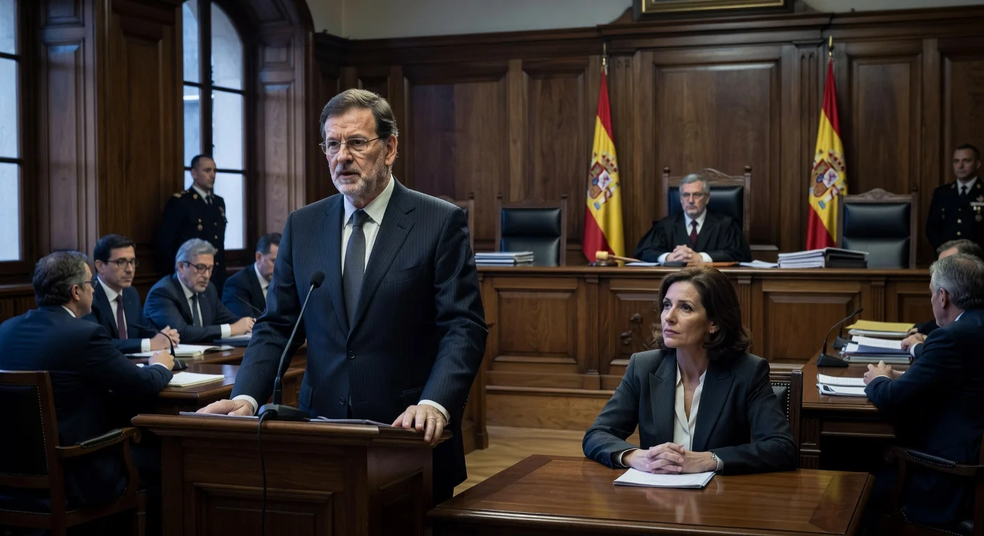 Mariano Rajoy testifying in Operación Kitchen trial courtroom, with María Dolores de Cospedal and judge present.
