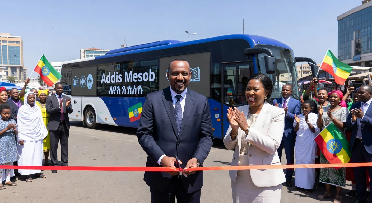 Prime Minister Abiy Ahmed and Mayor Adanech Abiebie launch the Addis Mesob mobile service on an autobús in Addis Ababa amid cheering crowds.