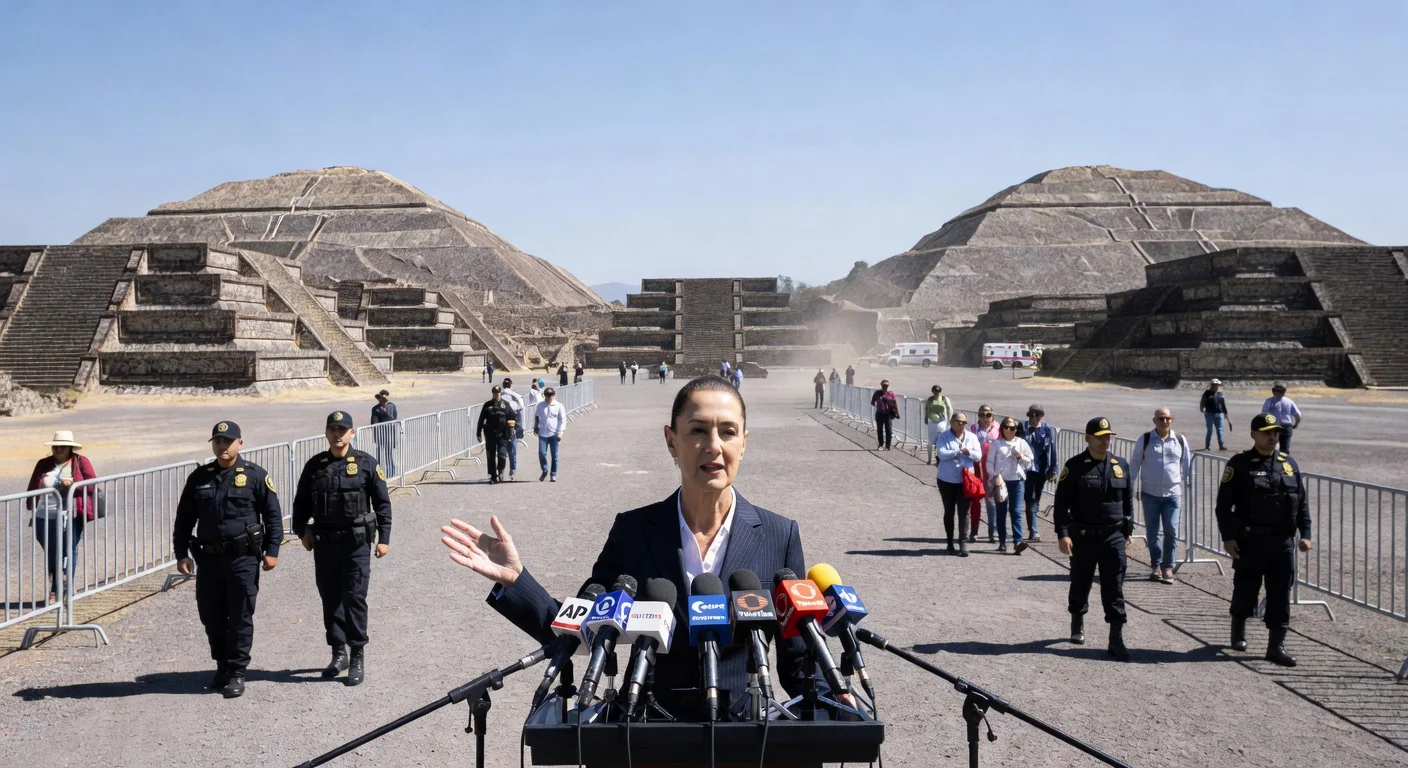 President Sheinbaum at podium reassuring Mexico's safety post-Teotihuacán shooting, pyramids and security in background.