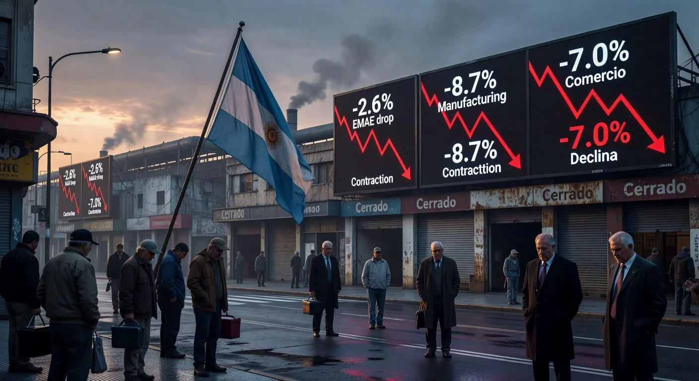 Illustration depicting Argentina's February economic decline with falling graphs, closed factories, and empty shops in Buenos Aires.