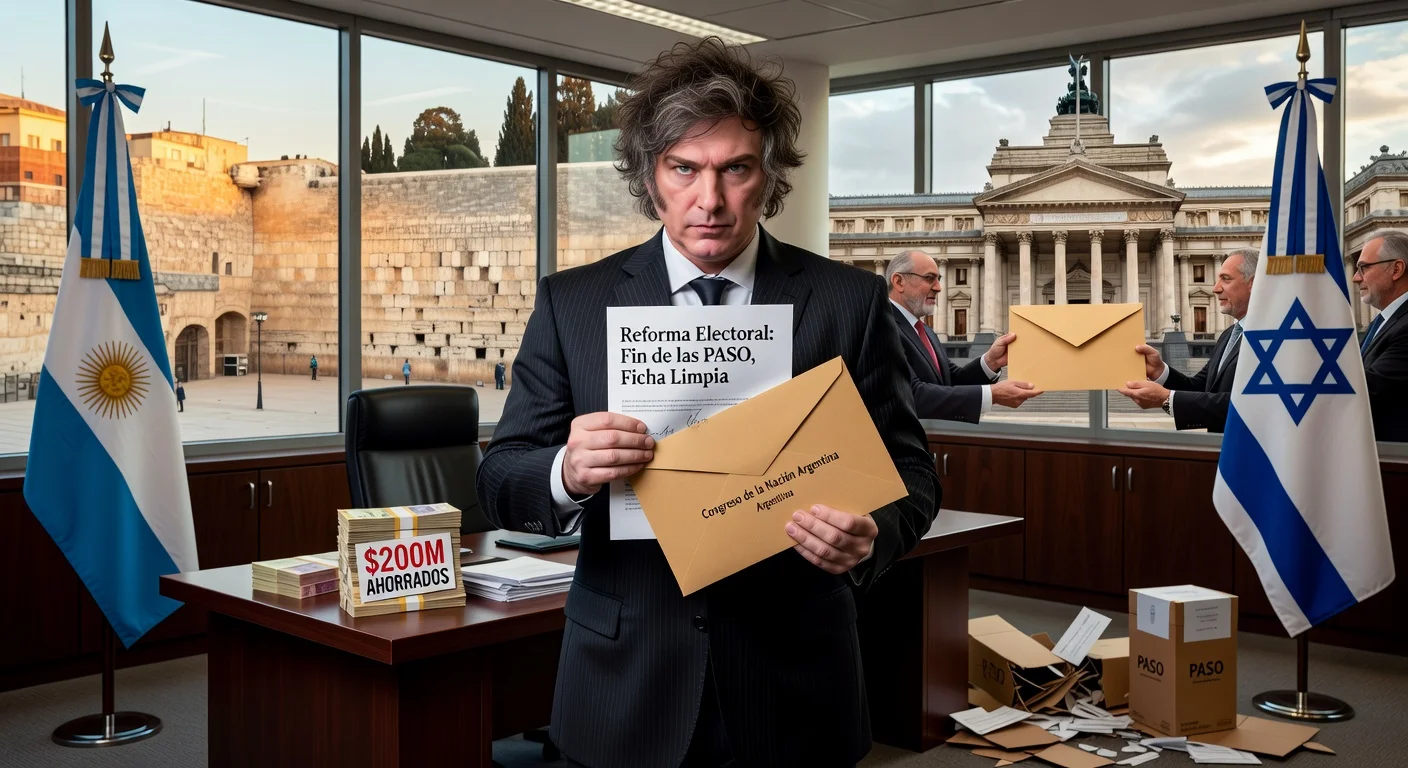 President Javier Milei in Israel sends electoral reform bill eliminating PASO primaries to Argentine Congress.
