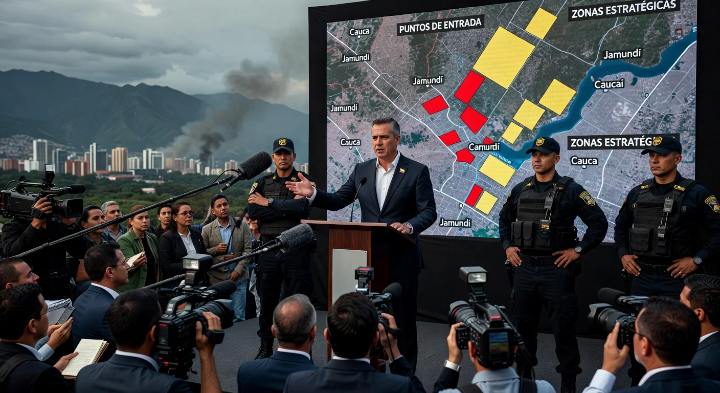 Cali mayor Alejandro Eder announces bolstered security at entry points and strategic zones amid terrorist threats.