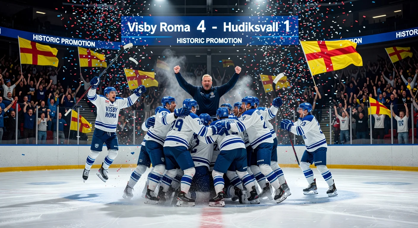 Visby Roma players and coach celebrate promotion to Hockeyallsvenskan after 4-1 victory over Hudiksvall on home ice.
