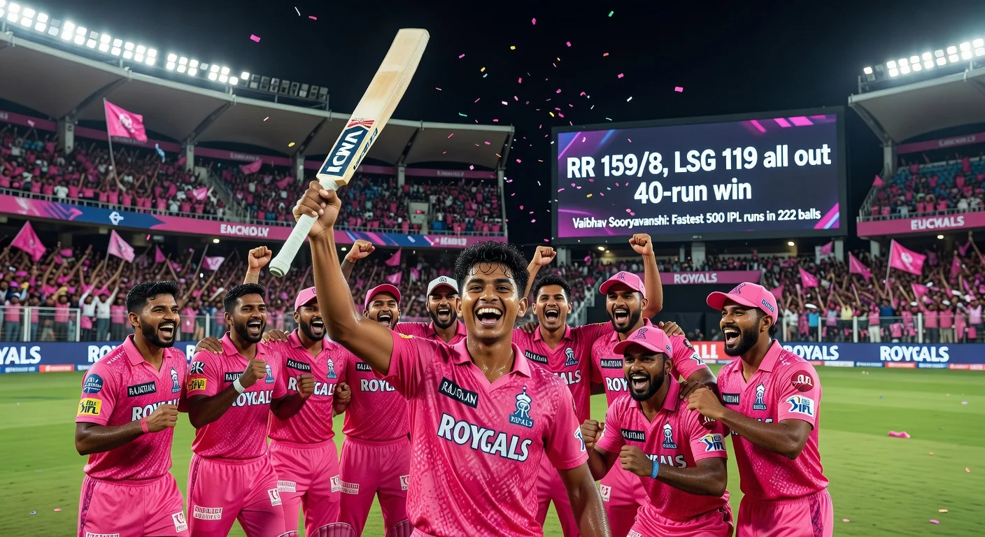 Rajasthan Royals players, led by record-breaker Vaibhav Sooryavanshi, celebrate 40-run IPL win over Lucknow Super Giants at Ekana Stadium.
