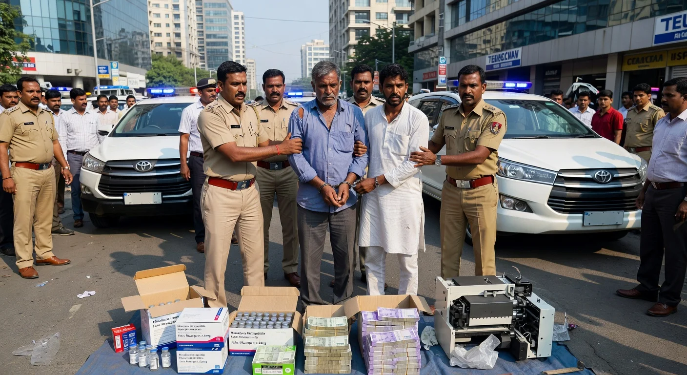 Police arrest two suspects during Gurugram fake Mounjaro racket bust, with seized counterfeit injections and Rs 71 lakh cash on display.